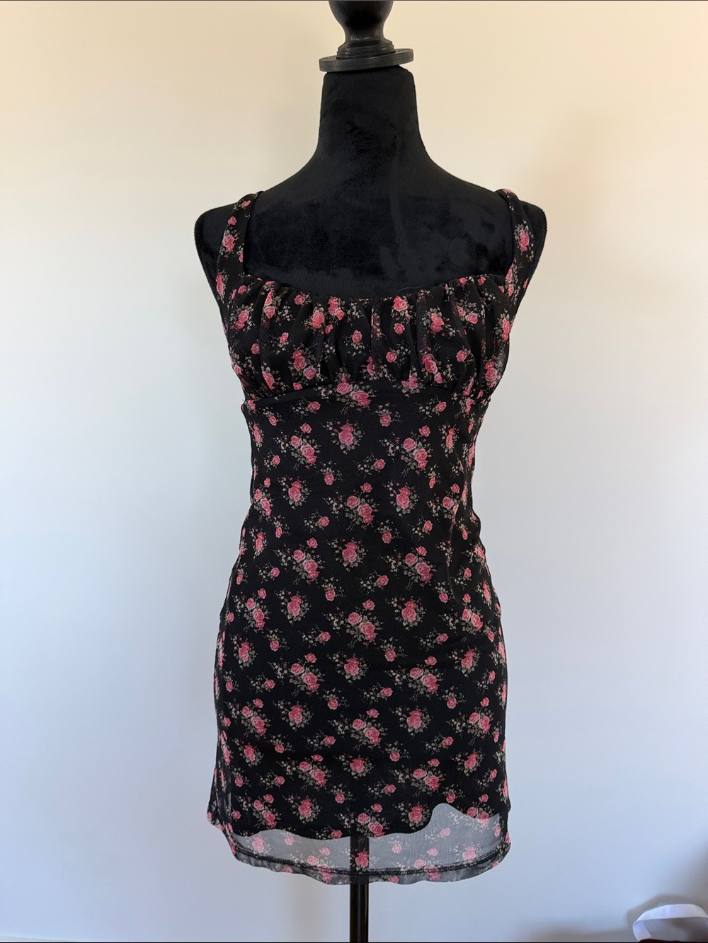 Black Mesh Mini Dress with Pink Floral Print